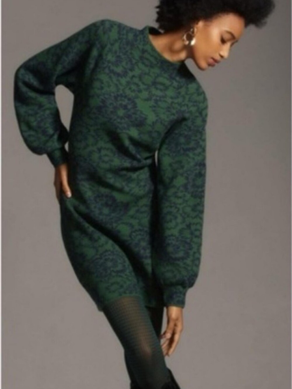 Anthropologie Dark Green Floral Jacquard Long-Sleeve Sweater Dress Size XS